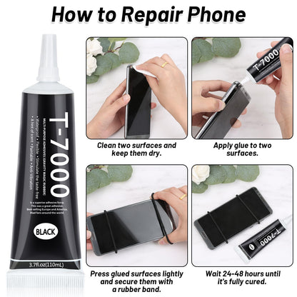 T7000 Black Glue for Phone Repair, 2 X 25 ML Semi Fluid Craft Glue T-7000 Adhesive Glue with Precision Tips for Fabric, Leather, Rubber Cement, Toys, Wood, Metal, Rhinestones Jewelry Making