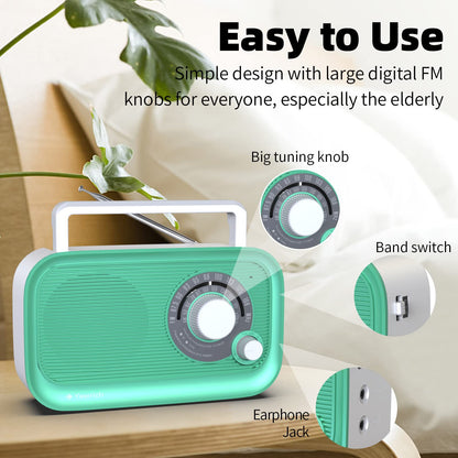 AM FM Radio with Best Reception, Bluetooth Speaker Portable Radio, DSP Plug in Wall,Battery Operated or AC Power with Headphone Jack, Large Tuning Knob for Home Kitchen Outdoor, Black