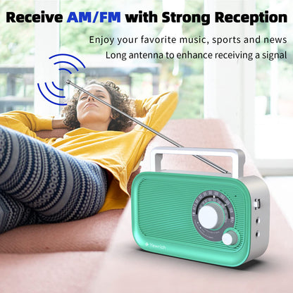 AM FM Radio with Best Reception, Bluetooth Speaker Portable Radio, DSP Plug in Wall,Battery Operated or AC Power with Headphone Jack, Large Tuning Knob for Home Kitchen Outdoor, Black