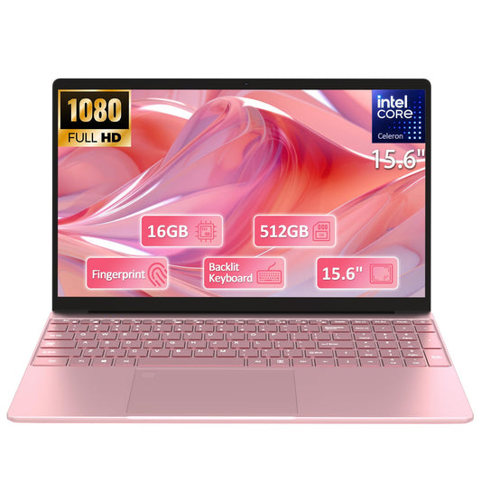 15.6" Student Laptop with Backlit Keyboard|16GB RAM 512GB SSD Laptop Computer|1920×1080 FHD Eye Protection Display|Fingerprint|38Wh Large Battery|180°Open Angle|WiFi|Webcam|BT 4.2|HDMI