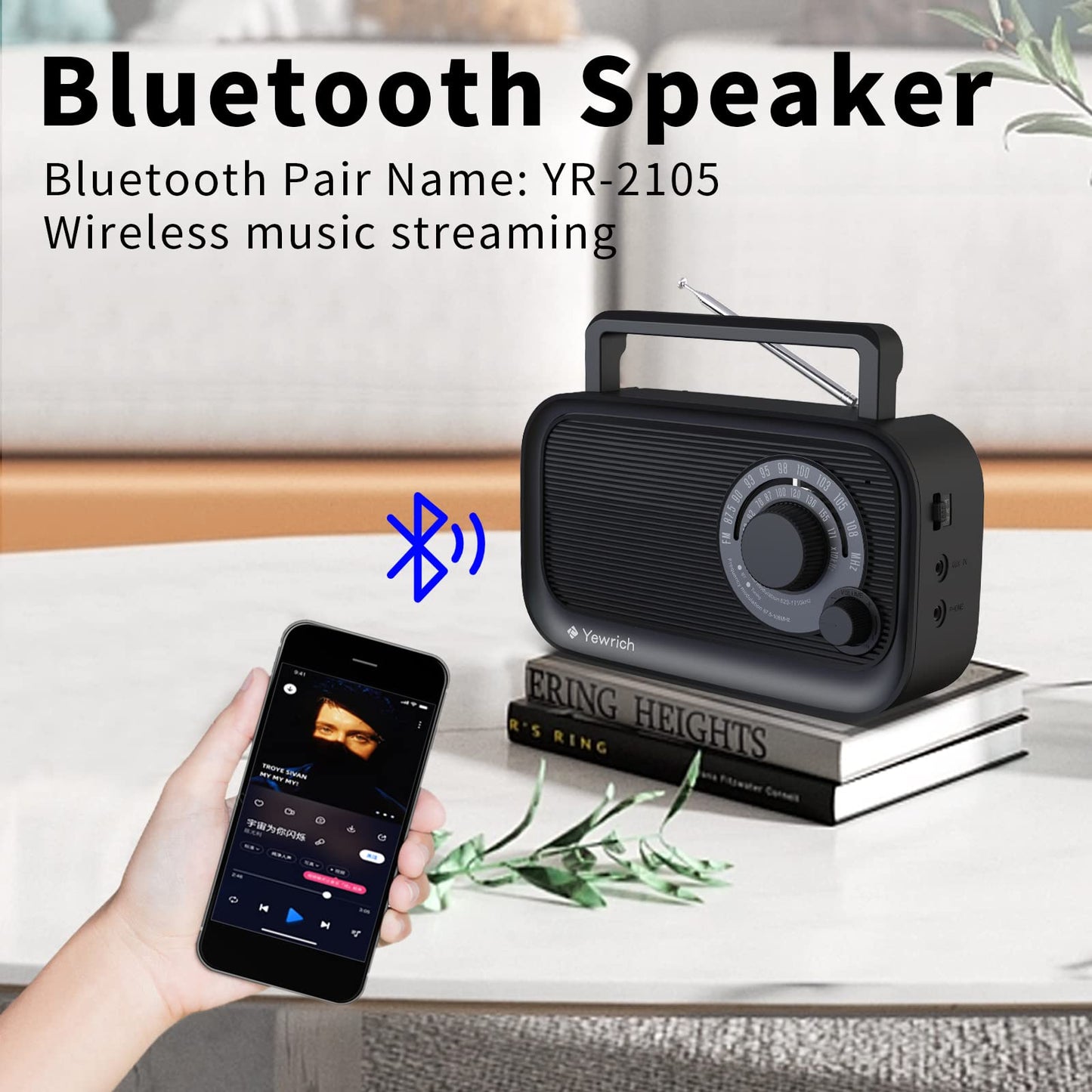 AM FM Radio with Best Reception, Bluetooth Speaker Portable Radio, DSP Plug in Wall,Battery Operated or AC Power with Headphone Jack, Large Tuning Knob for Home Kitchen Outdoor, Black