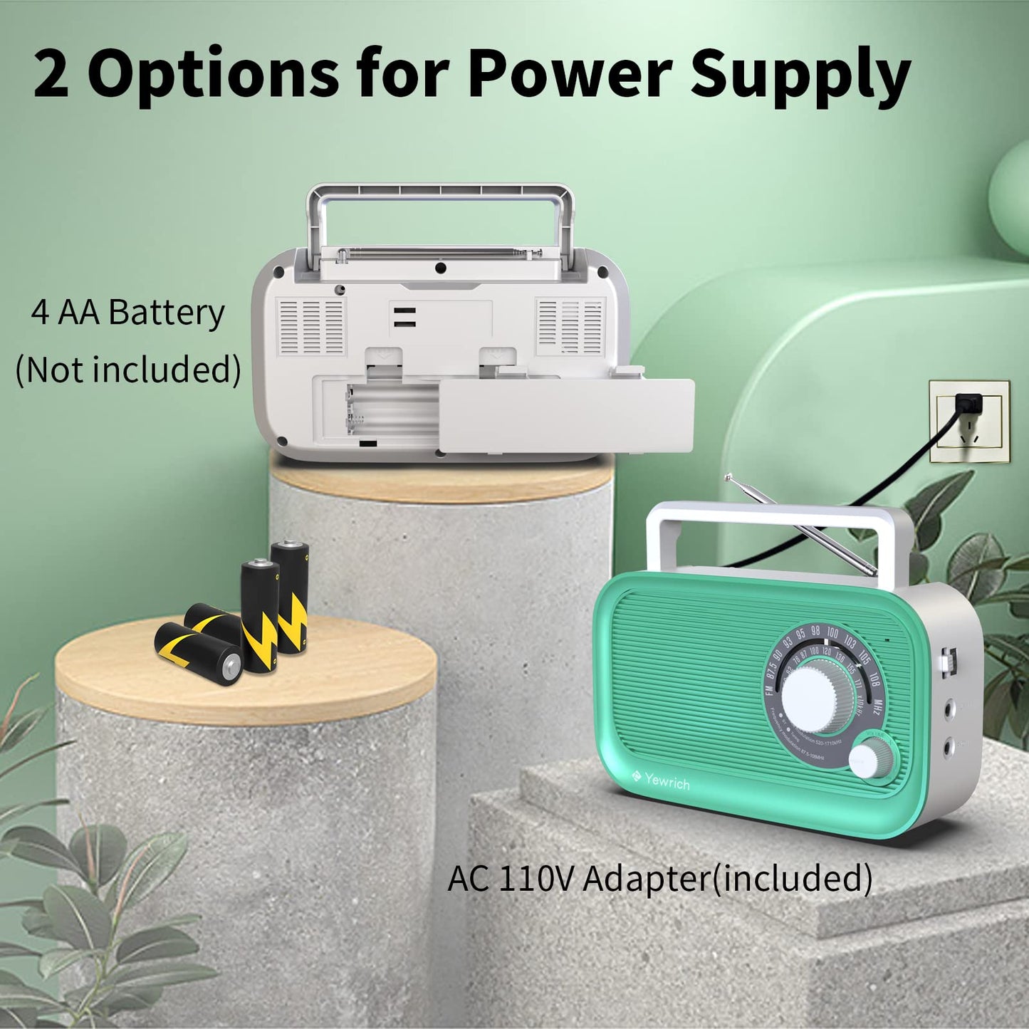 AM FM Radio with Best Reception, Bluetooth Speaker Portable Radio, DSP Plug in Wall,Battery Operated or AC Power with Headphone Jack, Large Tuning Knob for Home Kitchen Outdoor, Black