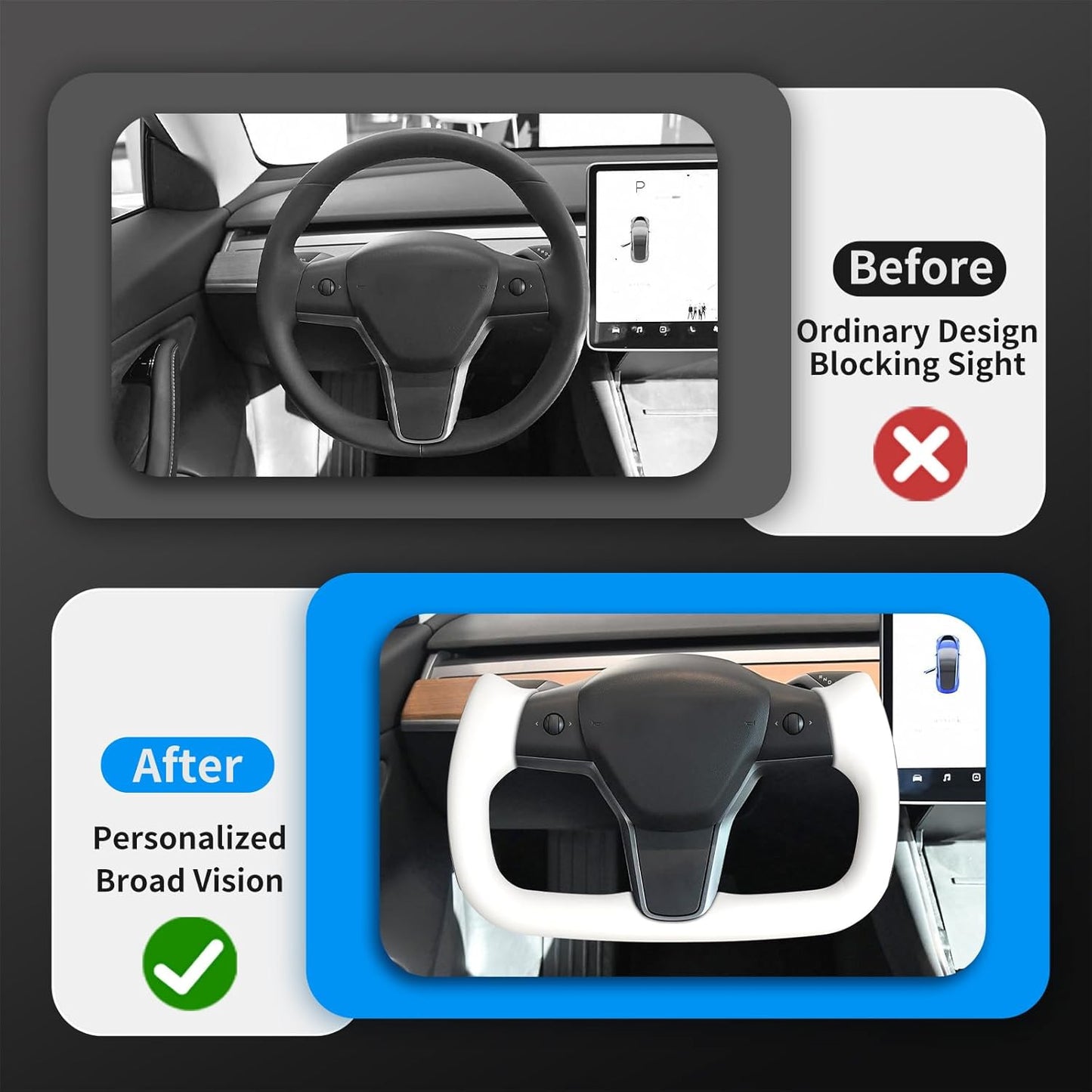 Yoke Steering Wheel, White Microfiber Leather with Side Carbon Fiber for Tesla Model 3/Y 2017-2023 with Heating Function