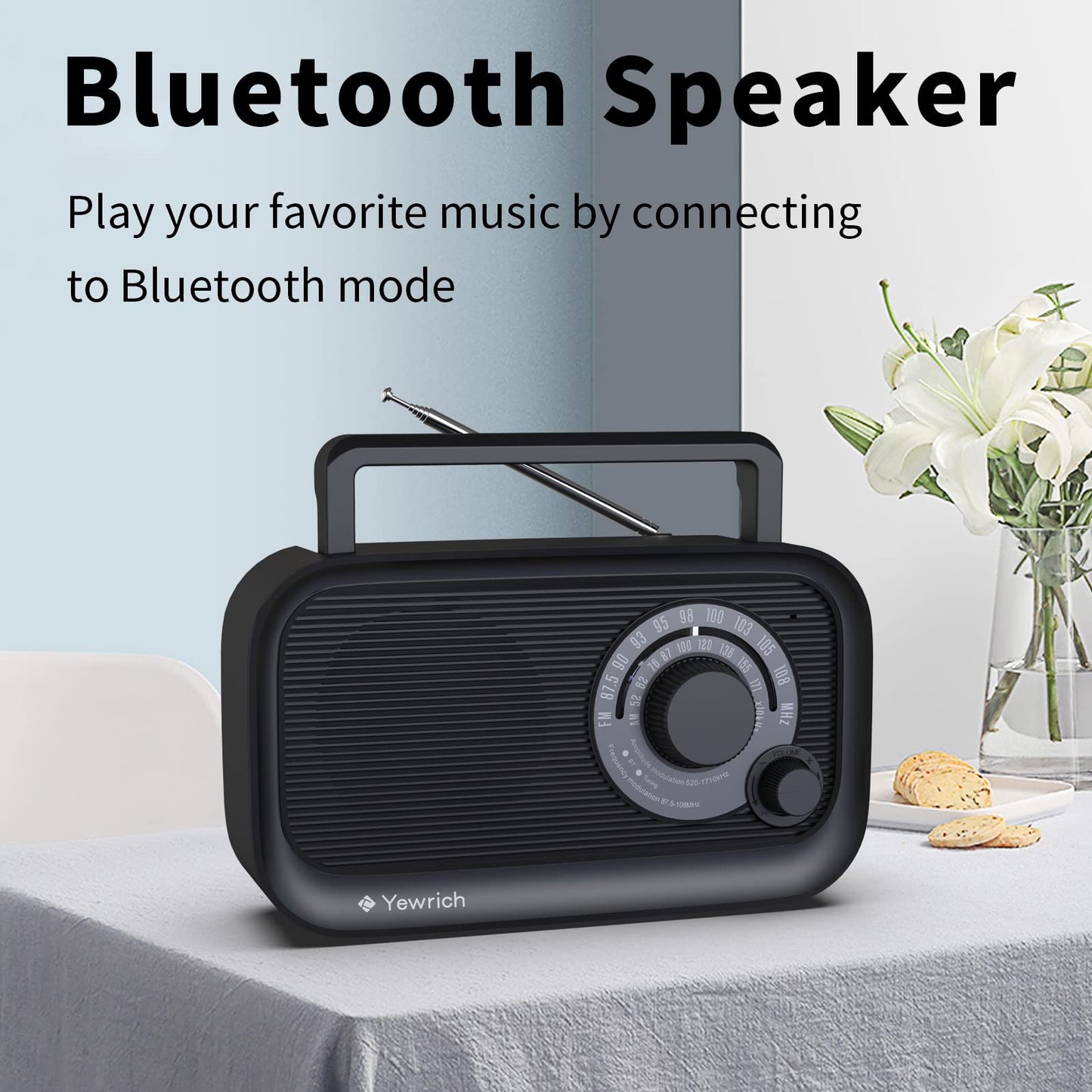 AM FM Radio with Best Reception, Bluetooth Speaker Portable Radio, DSP Plug in Wall,Battery Operated or AC Power with Headphone Jack, Large Tuning Knob for Home Kitchen Outdoor, Black