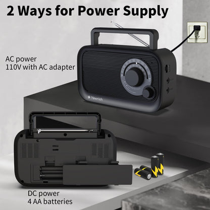 AM FM Radio with Best Reception, Bluetooth Speaker Portable Radio, DSP Plug in Wall,Battery Operated or AC Power with Headphone Jack, Large Tuning Knob for Home Kitchen Outdoor, Black