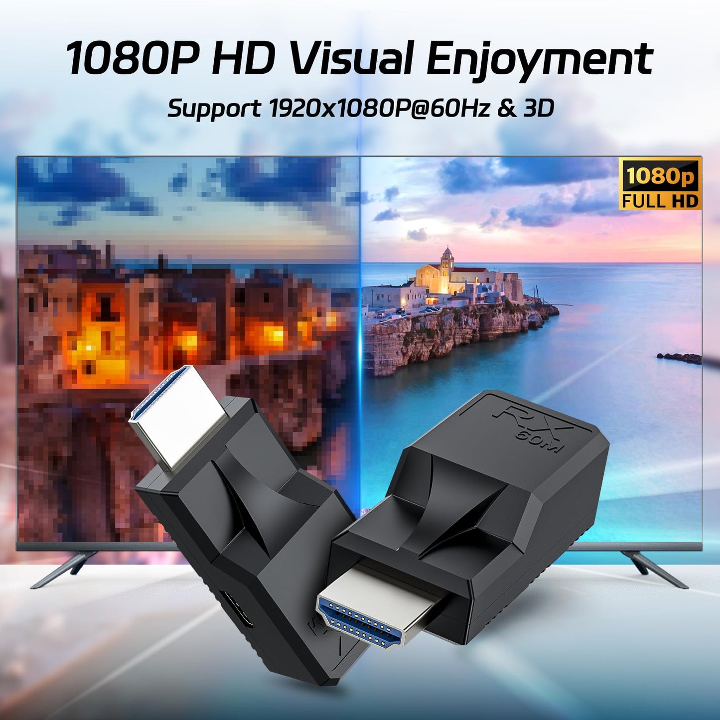 196FT HDMI Extender Over Single Ethernet Cat5e/6 Cable, Support Audio Video UHD 1080P@60Hz, HDMI Male to Male RJ45 Network LAN Extender 60M Converter Repeater, for HDTV, PC, PS3/4, Projector, Monitor