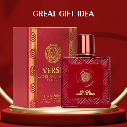 Verse Adonis Red for Men - 100ml Eau De Parfum Spray - Fruity Warm & Floral Fragrance Smell Fresh All Day Long Lasting Includes NovoGlow Carrying Pouch Gift for All Occasions