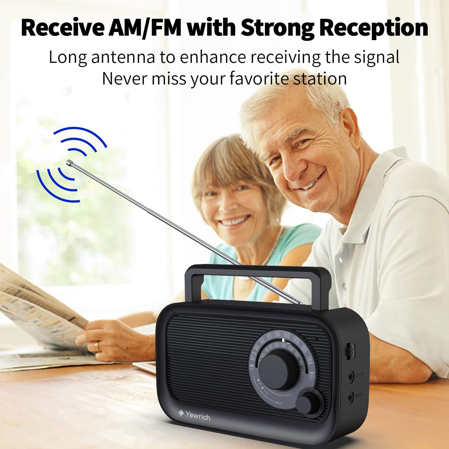 AM FM Radio with Best Reception, Bluetooth Speaker Portable Radio, DSP Plug in Wall,Battery Operated or AC Power with Headphone Jack, Large Tuning Knob for Home Kitchen Outdoor, Black