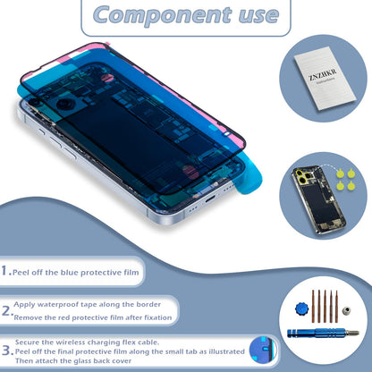 15 Back Glass Replacement with Wireless Charging Flex Cable and Camera Frame All Parts for iPhone 14 (6.1 Inch,Black) Replacement of Equipment Waterproof Tape