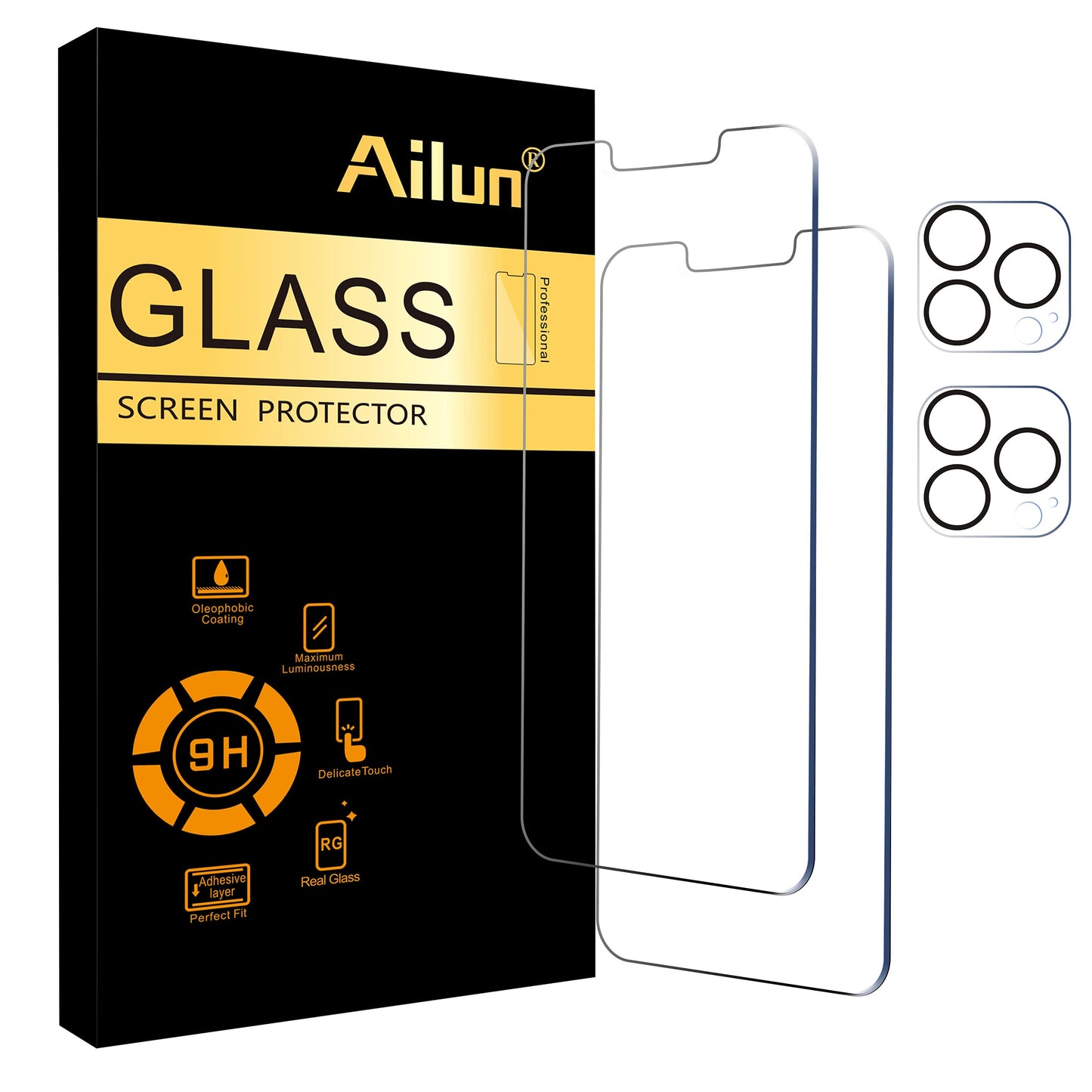 Ailun 2 Pack Screen Protector for iPhone 13 [6.1 inch Display] with 2 Pack Tempered Glass Camera Lens Protector,[9H Hardness]-HD
