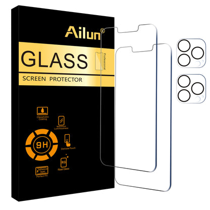 Ailun 2 Pack Screen Protector for iPhone 13 [6.1 inch Display] with 2 Pack Tempered Glass Camera Lens Protector,[9H Hardness]-HD