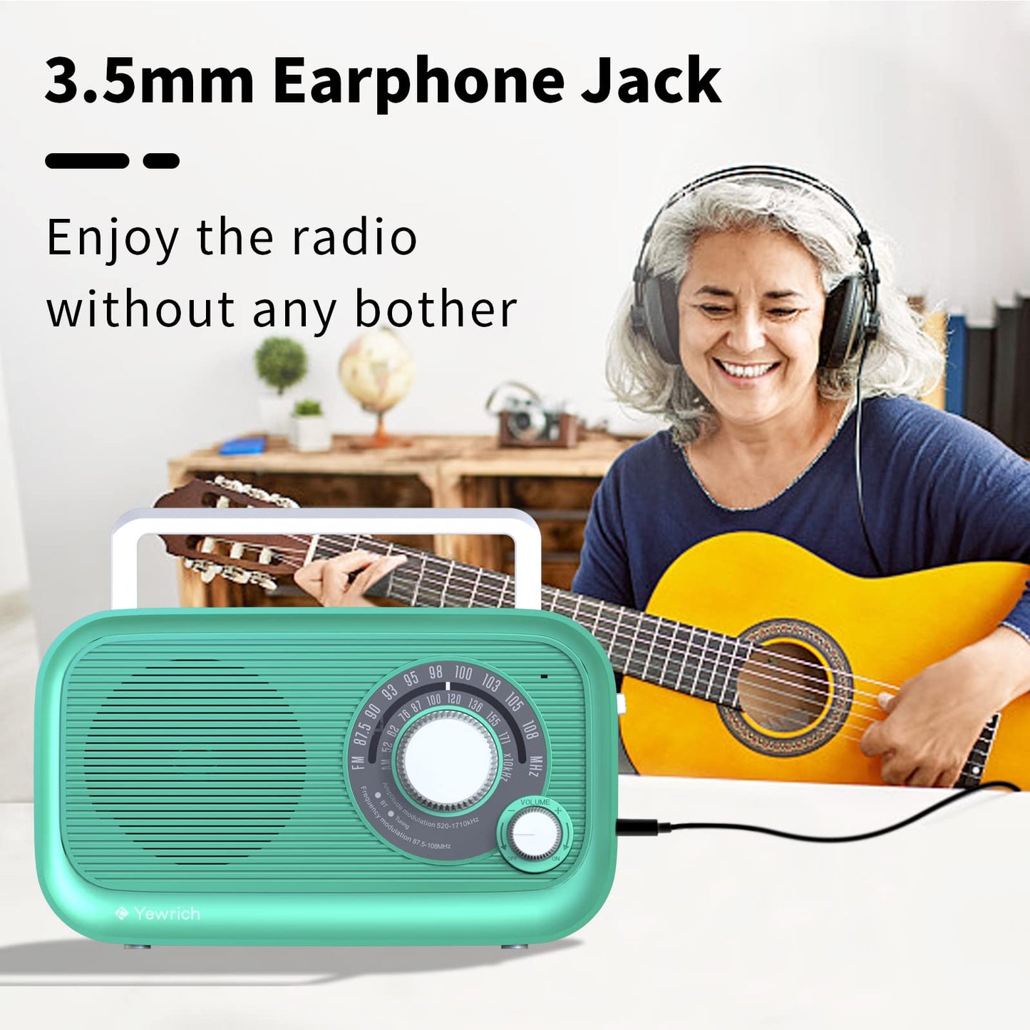 AM FM Radio with Best Reception, Bluetooth Speaker Portable Radio, DSP Plug in Wall,Battery Operated or AC Power with Headphone Jack, Large Tuning Knob for Home Kitchen Outdoor, Black