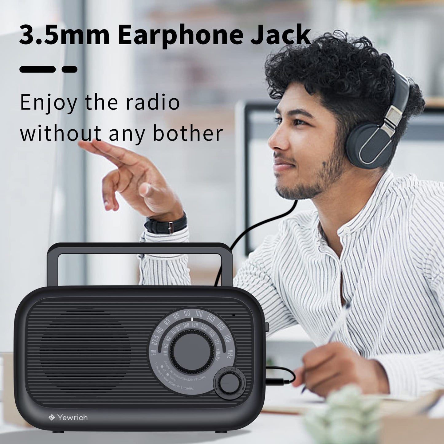 AM FM Radio with Best Reception, Bluetooth Speaker Portable Radio, DSP Plug in Wall,Battery Operated or AC Power with Headphone Jack, Large Tuning Knob for Home Kitchen Outdoor, Black