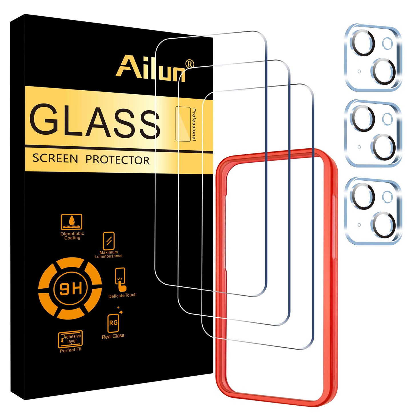 Ailun 2 Pack Screen Protector for iPhone 13 [6.1 inch Display] with 2 Pack Tempered Glass Camera Lens Protector,[9H Hardness]-HD