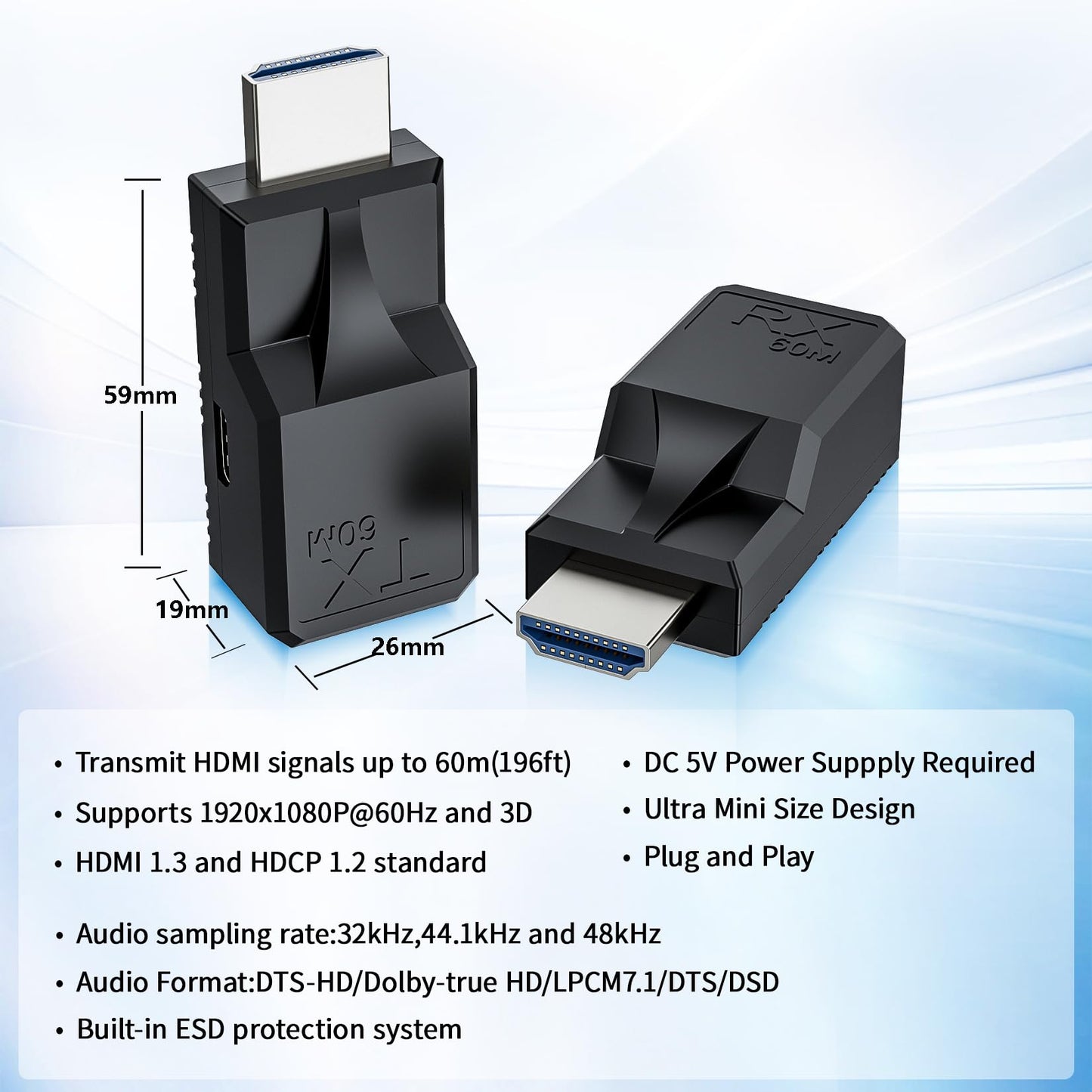 196FT HDMI Extender Over Single Ethernet Cat5e/6 Cable, Support Audio Video UHD 1080P@60Hz, HDMI Male to Male RJ45 Network LAN Extender 60M Converter Repeater, for HDTV, PC, PS3/4, Projector, Monitor