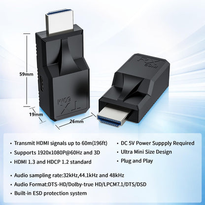 196FT HDMI Extender Over Single Ethernet Cat5e/6 Cable, Support Audio Video UHD 1080P@60Hz, HDMI Male to Male RJ45 Network LAN Extender 60M Converter Repeater, for HDTV, PC, PS3/4, Projector, Monitor