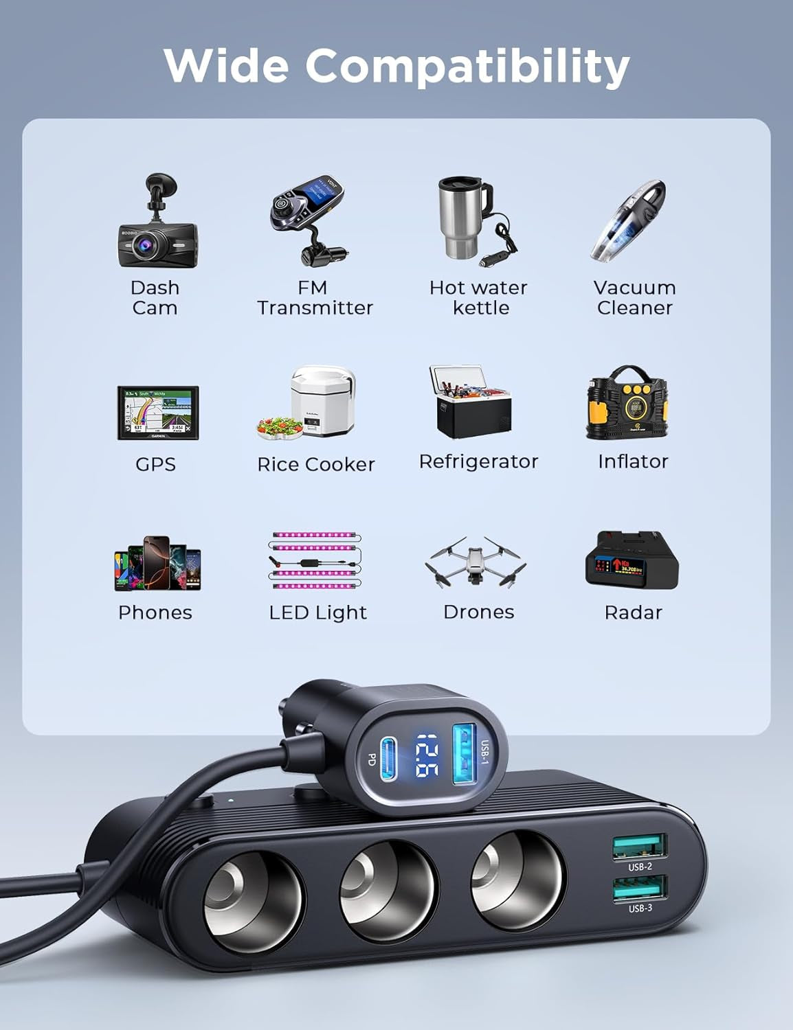 [2025 Upgraded] 7 in 1 Cigarette Lighter Adapter,  179W Car Charger Adapter with PD30W Charge(3.3Ft Cable), 24V/ 12V Cigarette Lighter Splitter with Independent Switches & LED Voltage Display