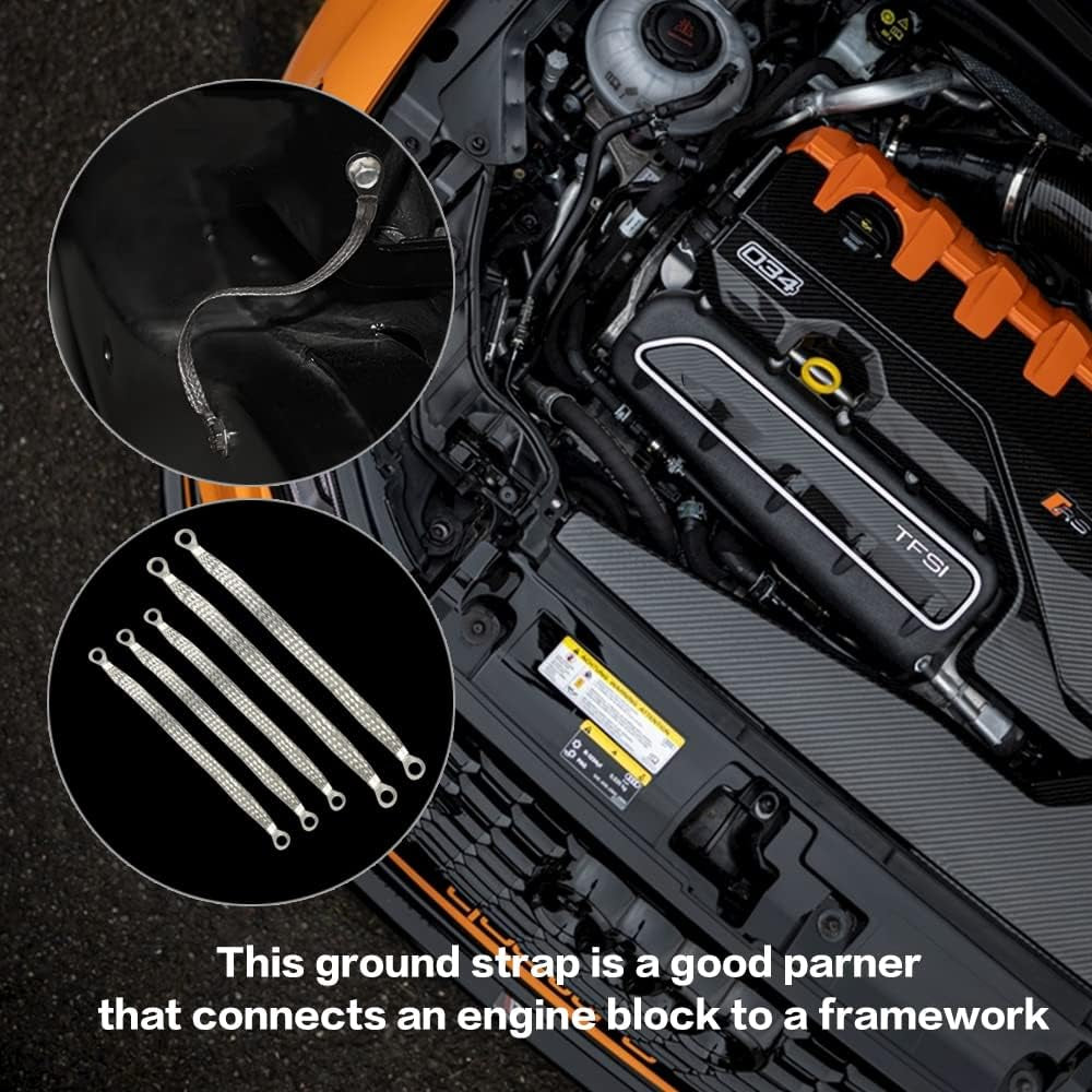 Universal Flat Braided Copper Ground Strap,Professional Vehicle Grounding Cable Straps with Terminals Plugs,Tinplate Silver Color Automotive Engine Copper Ground Strap for Most Cars