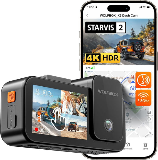 X5 3 Channel 4K Dash Cam, STARVIS 2 IMX678,4K+2.5K+1080P Front and Rear inside Triple Car Camera, Included 128GB Card, Voice Control, 5.8Ghz Wifi GPS, Touch Screen, Support 512GB Max