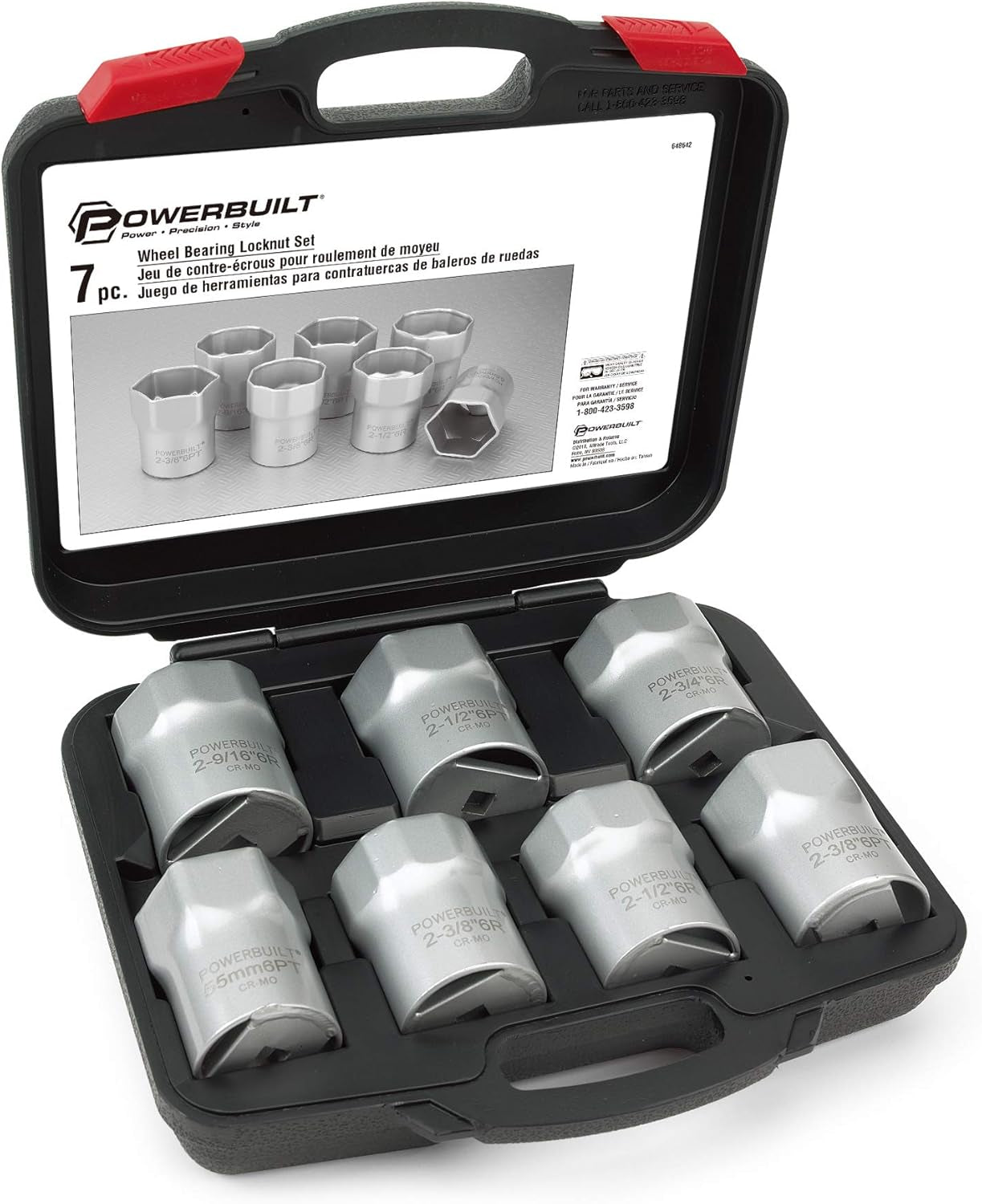 Wheel Bearing Locknut Socket Set, 7 Piece Remover Tool Kit, Rounded and Regular Hex, Wheel Bearing Tools, Storage Case - 648642, Silver