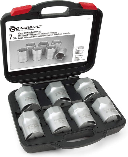 Wheel Bearing Locknut Socket Set, 7 Piece Remover Tool Kit, Rounded and Regular Hex, Wheel Bearing Tools, Storage Case - 648642, Silver