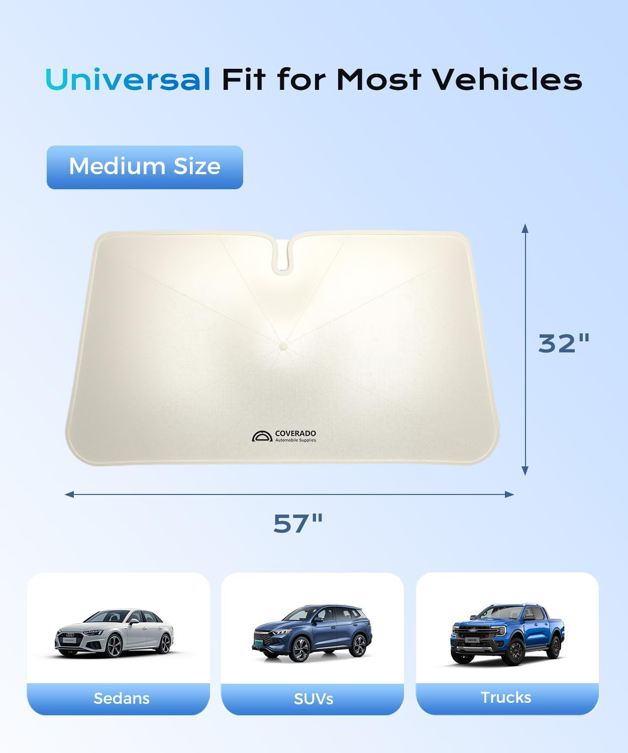 [2025 Upgrade]  Windshield Sun Shade, UPF80+ Sunshade for Car Windshield Blocks Heat & UV Rays, Thickened Vinyl Coating Keep Cool Protect Interior, M 57”X32” for Sedans/Suvs