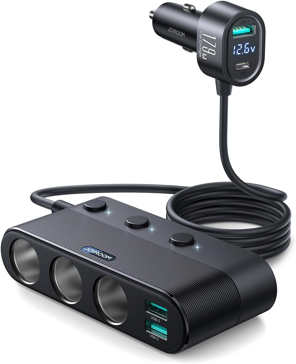 [2025 Upgraded] 7 in 1 Cigarette Lighter Adapter,  179W Car Charger Adapter with PD30W Charge(3.3Ft Cable), 24V/ 12V Cigarette Lighter Splitter with Independent Switches & LED Voltage Display