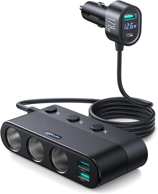 [2025 Upgraded] 7 in 1 Cigarette Lighter Adapter,  179W Car Charger Adapter with PD30W Charge(3.3Ft Cable), 24V/ 12V Cigarette Lighter Splitter with Independent Switches & LED Voltage Display