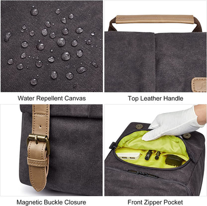 Waterproof Camera Bags for DSLR Canon Canvas Vintage Shoulder Women Men Camera Messenger Bag Leather Trim(Grey)