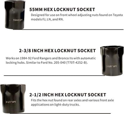 Wheel Bearing Locknut Socket Set 7 Piece Wheel Bearing Lock Nuts Removal and Installation Tool Kit 1/2 Inch Drive SAE and Metric 6-Point Axle Nut Socket Compatible with Dodge, Ford and Toyota