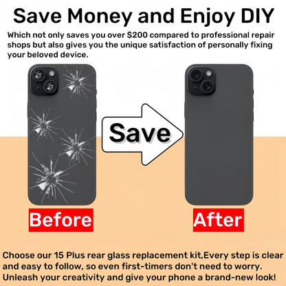 15 Plus Back Glass Replacement for iPhone 15 Plus Rear Back Cover Glass with Waterproof and Camera Lens+Professional Repair Tool Kit (Black)
