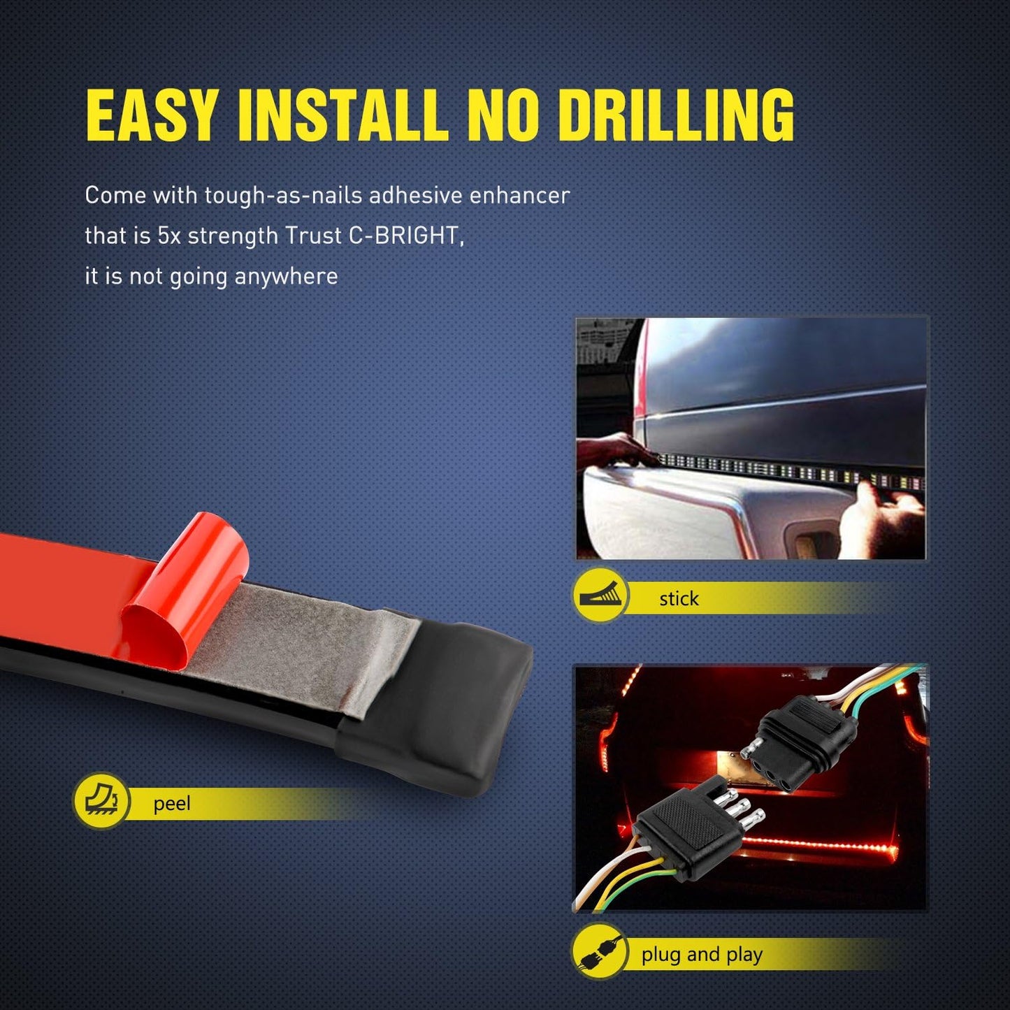 TR-03 60" Triple 504 Leds Truck Tailgate Side Bed Light Bar Strip Sequential Amber Brake Running Turn Signal Red/White Reverse