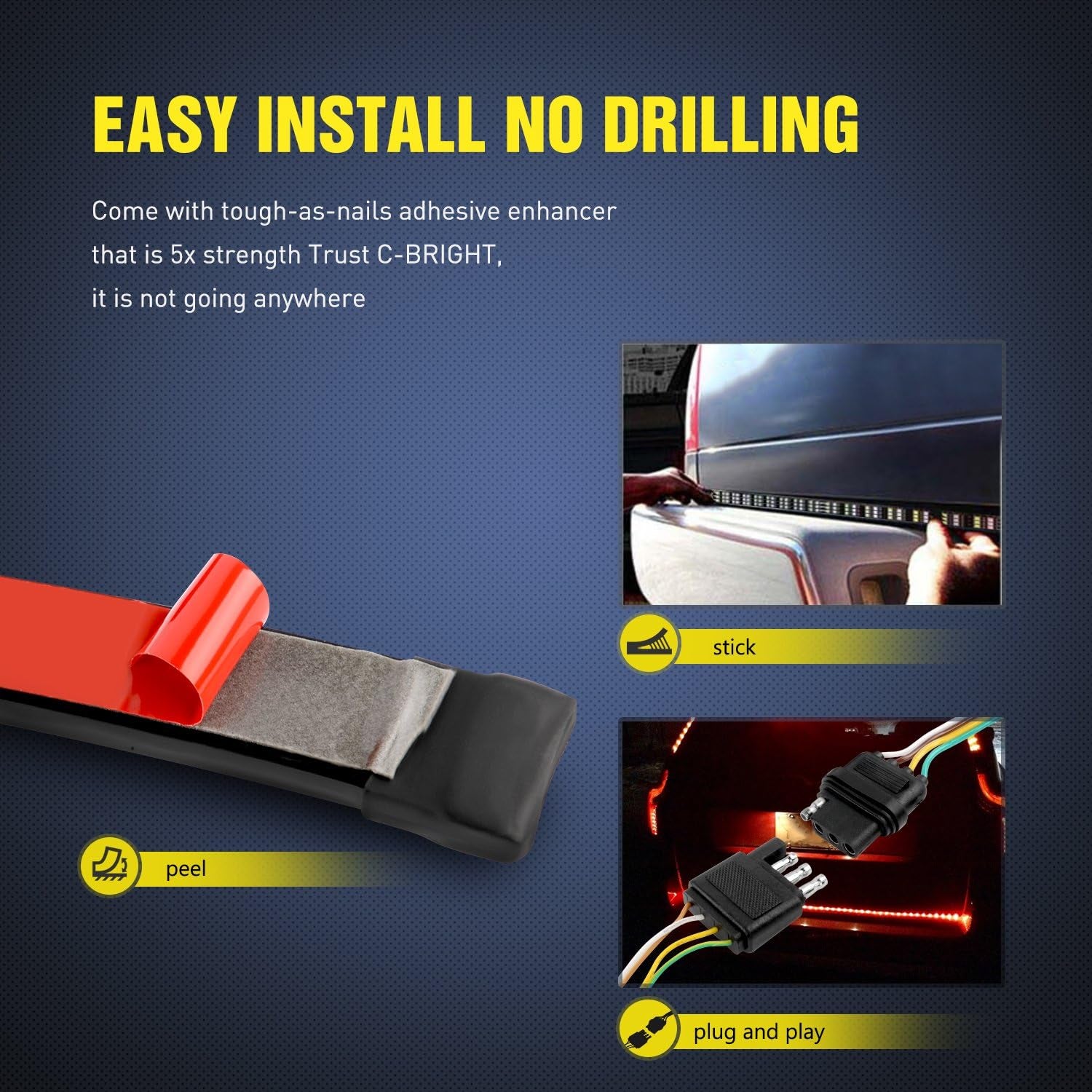 TR-03 60" Triple 504 Leds Truck Tailgate Side Bed Light Bar Strip Sequential Amber Brake Running Turn Signal Red/White Reverse