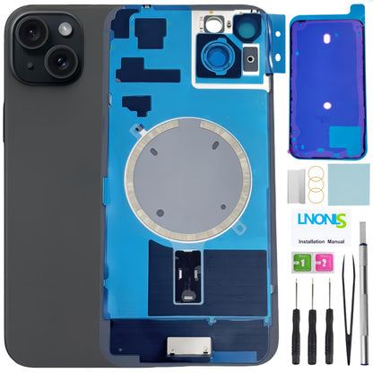 15 Plus Back Glass Replacement for iPhone 15 Plus Rear Back Cover Glass with Waterproof and Camera Lens+Professional Repair Tool Kit (Black)