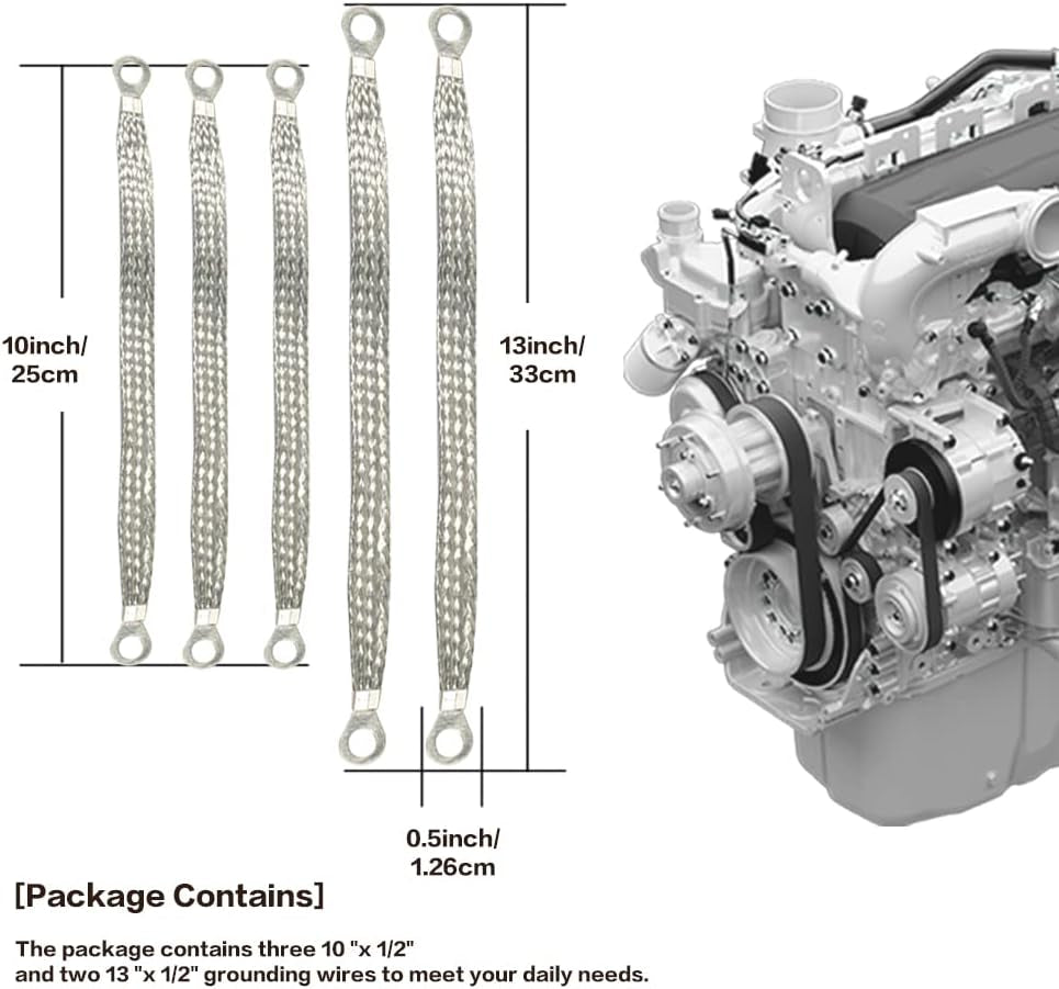 Universal Flat Braided Copper Ground Strap,Professional Vehicle Grounding Cable Straps with Terminals Plugs,Tinplate Silver Color Automotive Engine Copper Ground Strap for Most Cars