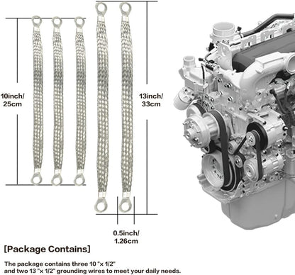 Universal Flat Braided Copper Ground Strap,Professional Vehicle Grounding Cable Straps with Terminals Plugs,Tinplate Silver Color Automotive Engine Copper Ground Strap for Most Cars
