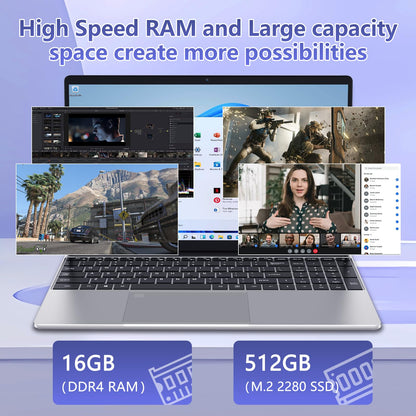 15.6" Student Laptop with Backlit Keyboard|16GB RAM 512GB SSD Laptop Computer|1920×1080 FHD Eye Protection Display|Fingerprint|38Wh Large Battery|180°Open Angle|WiFi|Webcam|BT 4.2|HDMI