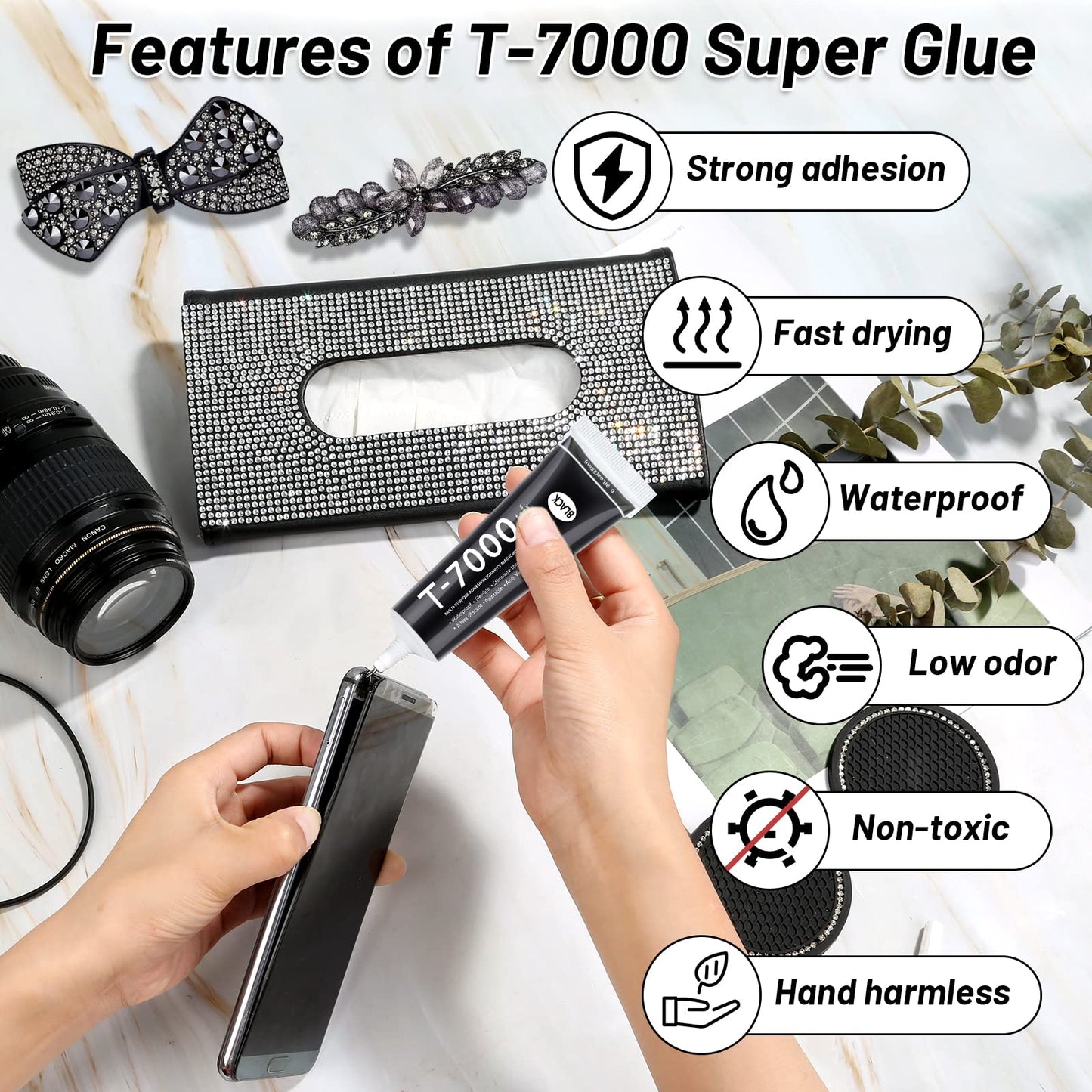 T7000 Black Glue for Phone Repair, 2 X 25 ML Semi Fluid Craft Glue T-7000 Adhesive Glue with Precision Tips for Fabric, Leather, Rubber Cement, Toys, Wood, Metal, Rhinestones Jewelry Making