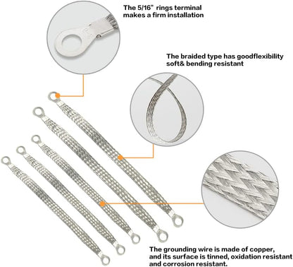 Universal Flat Braided Copper Ground Strap,Professional Vehicle Grounding Cable Straps with Terminals Plugs,Tinplate Silver Color Automotive Engine Copper Ground Strap for Most Cars