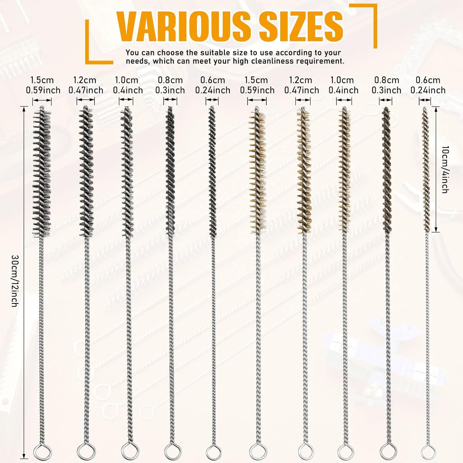 Wire Tube Brushes Bulk for Cleaning Pipe Tube Brass Stainless Steel round Wire Brush for Auto Parts Christmas, Bottles, Tubes, 5 Sizes(10 Pieces)