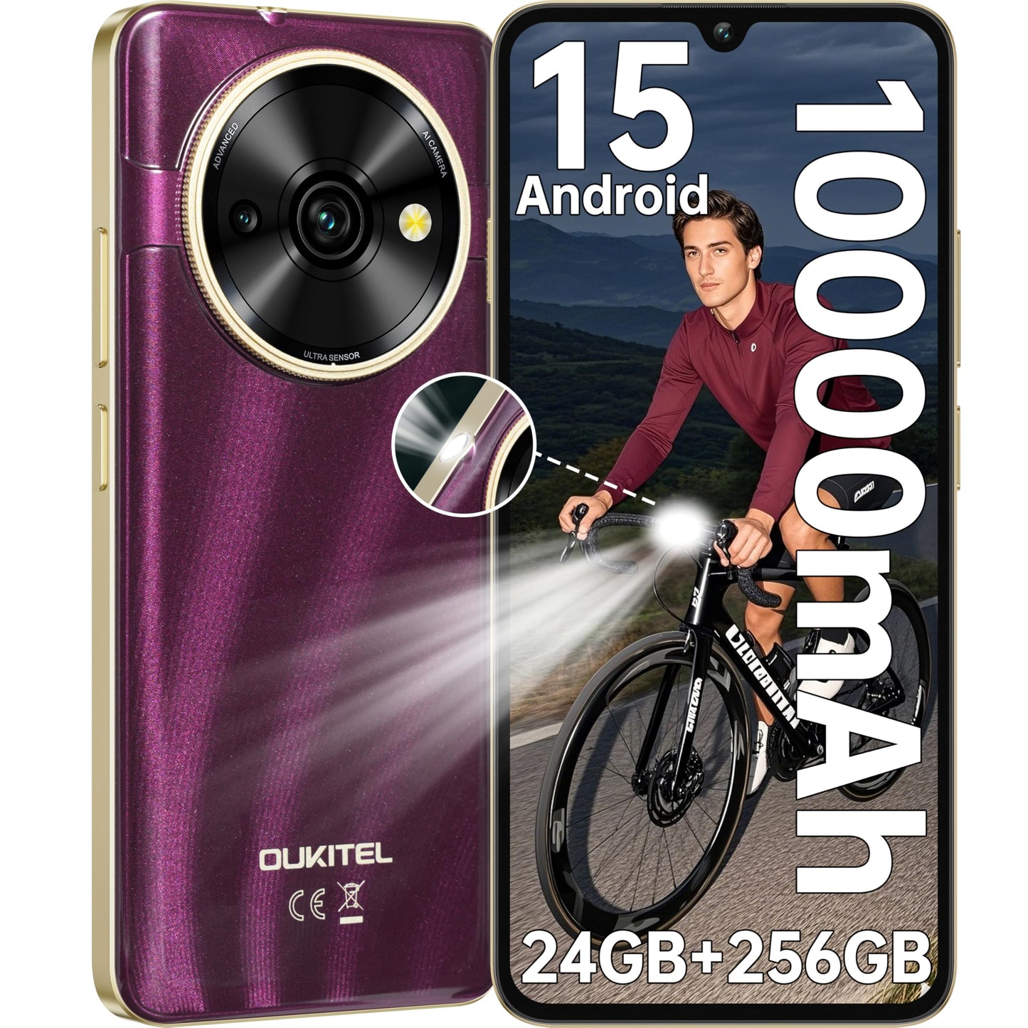 OUKITEL C59 Pro Unlocked Android Phones - 6.88”HD+ Display Android 15 10000 mAh Battery 24GB +256GB/1TB TF Cell Phone with 120LM Flashlight, NFC 13MP Camera Smartphone, OTG/Fingerprint/4G Dual SIM