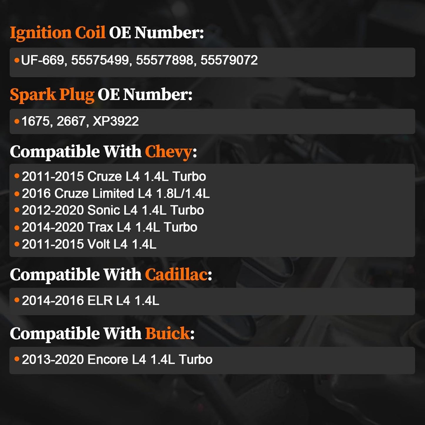 UF-669 Ignition Coil Pack and 1675 Spark Plugs Fit for Chevy Cruze Turbo 2011-2015, Sonic Turbo 2012-2020, Trax Turbo 2014-2020, Volt 2011-2015, Buick Encore, L4 1.4L, Replaces 55575499 55577898