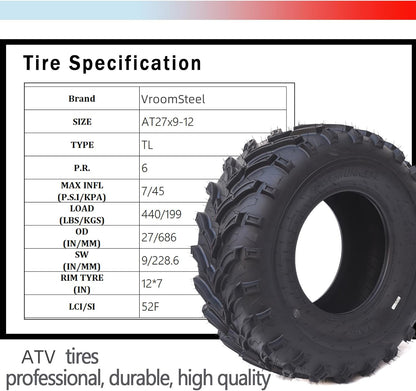 27X9-12 ATV Tires 27X9-12 UTV Tire - ATV/UTV Tires, All-Terrain Tires, Off-Road Tires, Mud/Trail Tires, Tubeless (Set of 2)