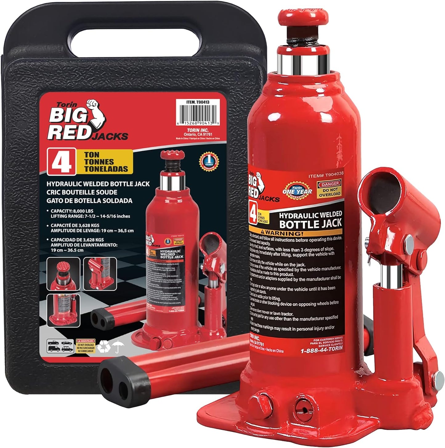 T90413  Hydraulic Bottle Jack with Carrying Case, 4 Ton (8,000 Lb) Capacity