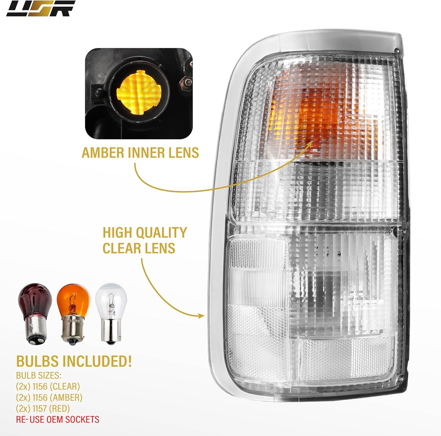 USR 93-98 XK10 / XK20 Tail Light – Rear Tail Lamps Set (Left + Right) Compatible with 1993-1998 Toyota T100 Pickup Truck All Models Base, DX and SR5 Pick up (CLEAR LENS TAIL LIGHTS with BULBS)
