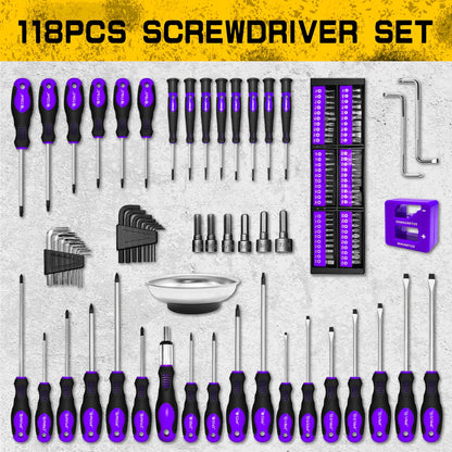 118pcs Magnetic Screwdriver Set with Plastic Rack And Magnetic Tool Bowl, Chrome Vanadium Steel, Multi-size for Electronics And Precision Work, Non-Slip Rubber Handles, Durable Metal Construction.(Purple)