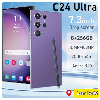 8GB+256GB C24 Ultra 5G Android Smartphone - 7.3" Display, 50MP+108MP Camera, 7000mAh Battery, Dual SIM, Built-in Stylus Pen, Unlocked Cell Phone For Global Use