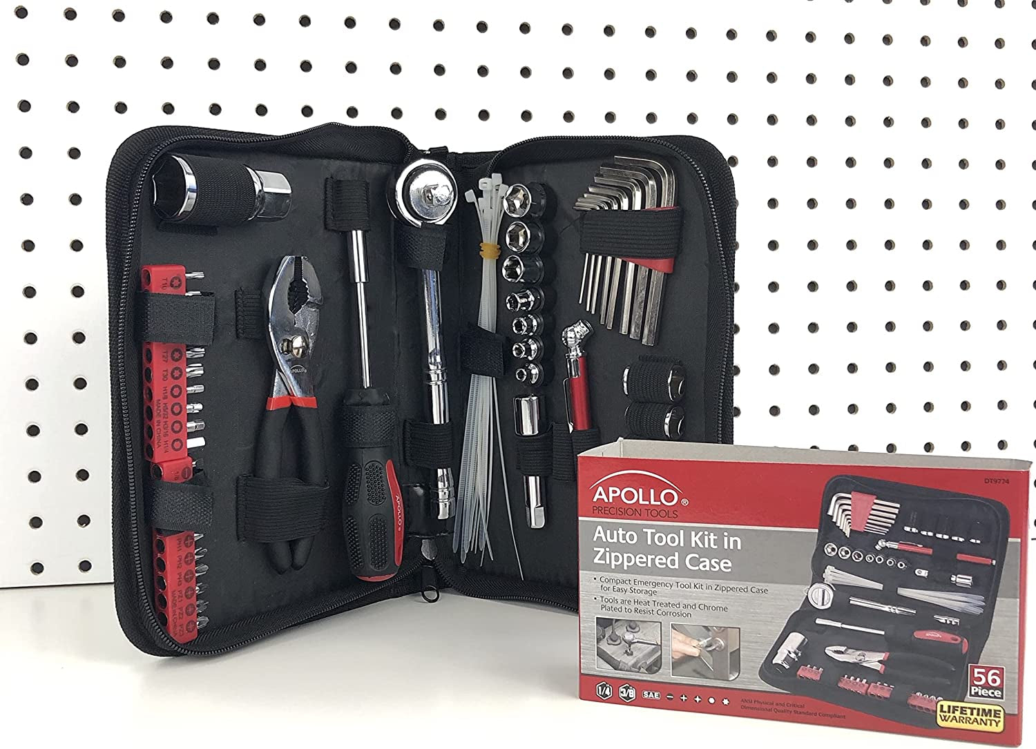 Tools 56 Piece Compact SAE Auto Tool Set in Zippered Case, Small Mechanic Tool Set for Car Emergency, Motorcycle Repair on the Road, Great for Travel Tool Needs - Red - DT9774