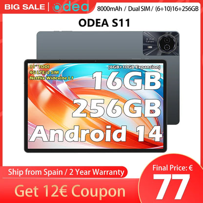 Odea S11 Tablet, 11 Inch Tddi, Android 14, (6+10)16Gb Ram, 256Gb Rom, 4g Lte, 8000Mah, 1920X1200, Unisoc T606, 8 Cores, Mali-G57, 5g Wifi, Gps, Sim Slots*2, Tf up to 1Tb, for Netflix Widevine L1
