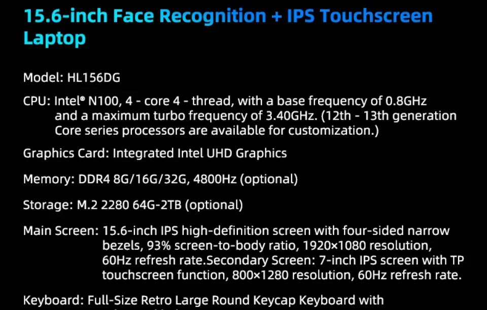 AKPAD 15.6"+7" Dual Screen Laptop Computer, Intel 12th N95 32GB/16GB DDR4 RAM, RGB Backlit Keyboard 7" Touch Screen Notebook PC